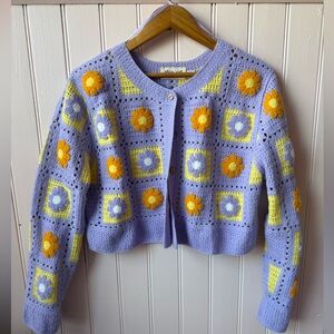 Lavender Floral Crochet Cardigan Sweater - Yellow & Orange Flowers